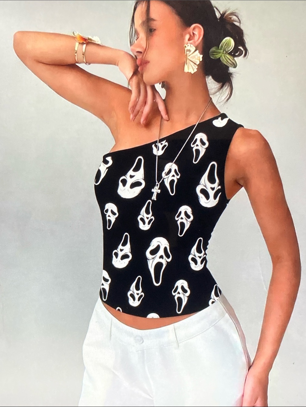 Fashion Poshers Black One-Shoulder Camisole with White Mask Prints